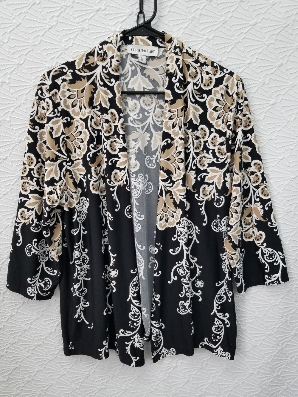 Southern Lady Open Front Blouse black Beige Floral 3/4 Sleeves Large